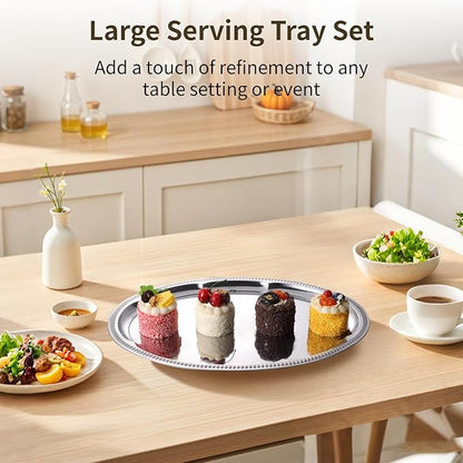 Stainless Steel Large Serving Tray Set, 6 Pcs Silver Oval Floral Tray For Parties, Polished Food Tray 15.7X11.8 In