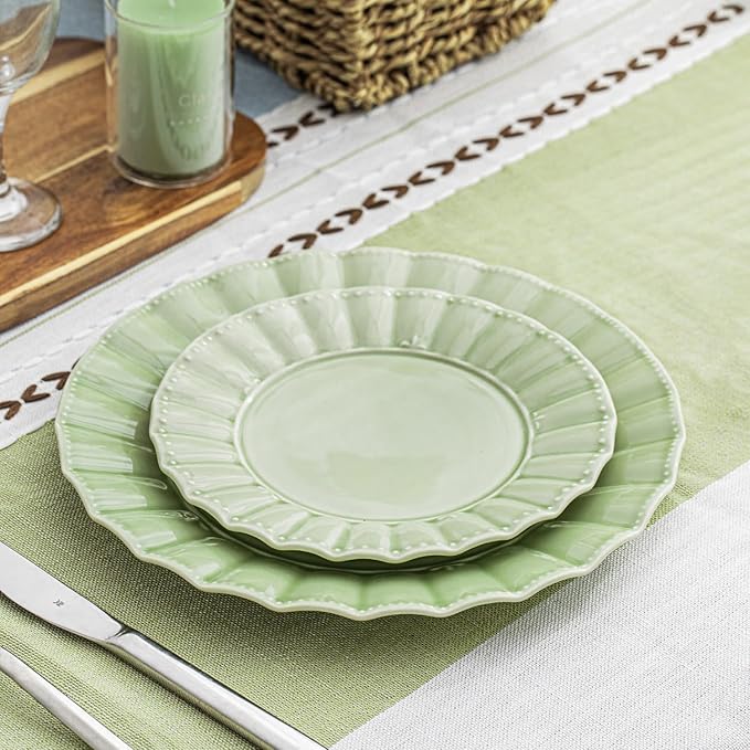 HOMBENE 12 Piece plates and bowls sets for 4, Dinnerware set, Porcelain Dish Set, House gift, Microwave and Dishwasher Safe, Mint Glow Green