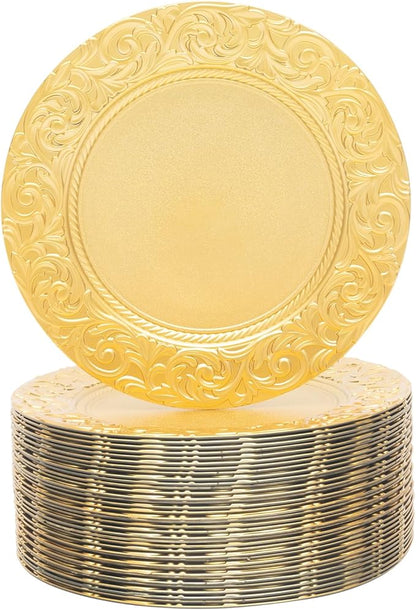 100 Pcs Antique Charger Plates 13 Inch Embossed Rim Plastic Decorative Round for Table Setting Wedding Party Event Tabletop Setting Decor (Gold)