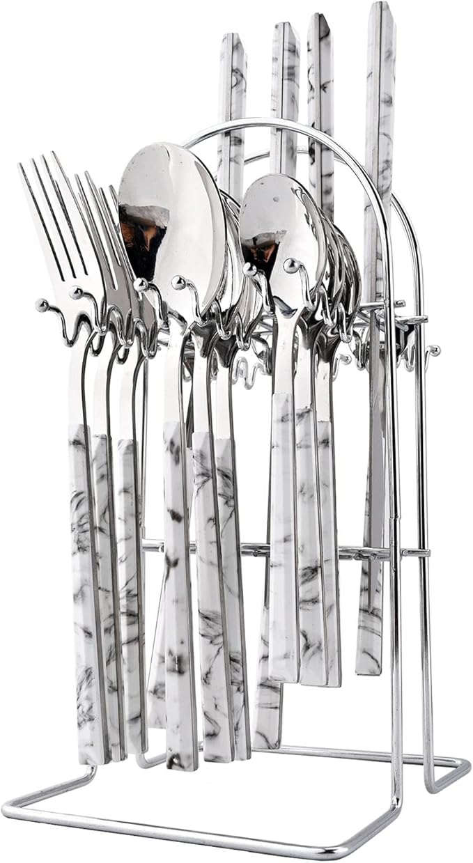 24Pcs White Imitation Marble Pattern Handle Flatware Silverware Set with Stand, Stainless Steel Cutlery Set for 6, Square Handle Eating Utensils, Mirror Polished