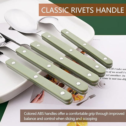 20 PCS Stainless Steel Flatware Set for 4, Silverware Set with Colored Handles, Retro Style Forks Spoons and Knives Set, Vintage Eating Utensils, Green Acrylic Handle with Rivets Design