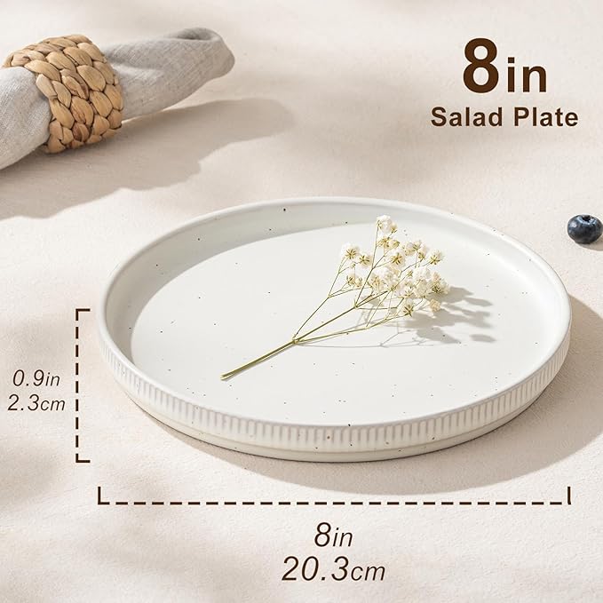 Salad Plates Ceramic Set 4 Piece – 8 Inch Plates for Salad Dessert Snacks, Microwave and Dishwasher Safe, Speckled White