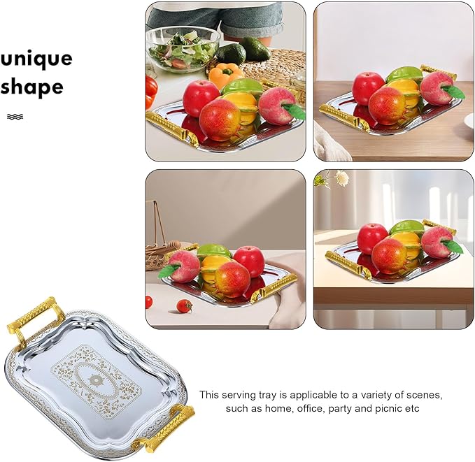 Rectangular Stainless Steel Serving Tray with Handles, Metal Snack and Fruit Platter for Parties, Sturdy European-Style Tea and Dessert Tray for Home Dining