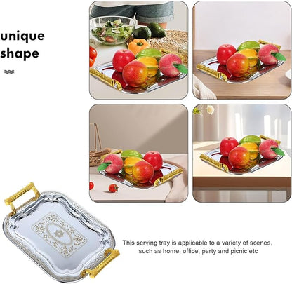 Rectangular Stainless Steel Serving Tray with Handles, Metal Snack and Fruit Platter for Parties, Sturdy European-Style Tea and Dessert Tray for Home Dining