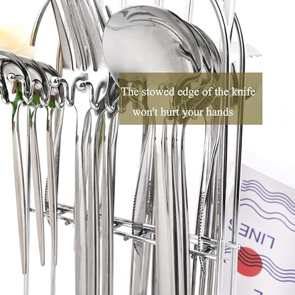 24-Piece Mirror Silver Cutlery Set, Snplowum Stainless Steel Flatware Hanging Tableware Silverware Set Include Knife/Fork/Spoon/Teaspoon and Storage Rack For Daily Use, Service For 6