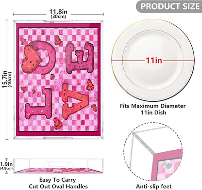 Serving Tray with Handles Clear Acrylic Tray 12x16 Inch Decorative Rectangular Tray Organizer for Ottoman Coffee Table Bathroom Pink Checkered Valentine Love Hearts