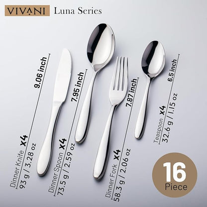 VIVANI 16 Piece Slender Silverware Set for 4, Forged Stainless Steel Flatware Set with Steak Knives, Waterdrop Handle Cutlery Set for Home, Hotel, Dishwasher Safe, New Home Gift