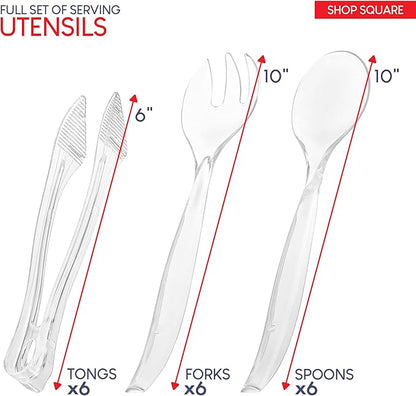 Disposable Plastic Serving Utensils - Set of 18 Clear Buffet Serving Utensils, 6 Each 6" Tongs, 10” Spoons, 10” Forks