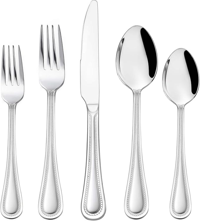 HaWare 65-Piece Silverware Set with Serving Utensils, Stainless Steel Flatware Service for 12, Pearled Edge Tableware Cutlery for Home Restaurant Party, Mirror Polished, Dishwasher Safe