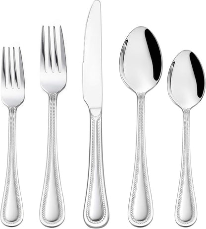 HaWare 65-Piece Silverware Set with Serving Utensils, Stainless Steel Flatware Service for 12, Pearled Edge Tableware Cutlery for Home Restaurant Party, Mirror Polished, Dishwasher Safe