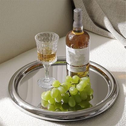 Diydeg Stainless Steel Round Serving Tray, Decorative Mirrored Finish Round Serving Bar, Sturdy Vacuum Coating Circular Platter, for Coffee Table Bar Party (S)