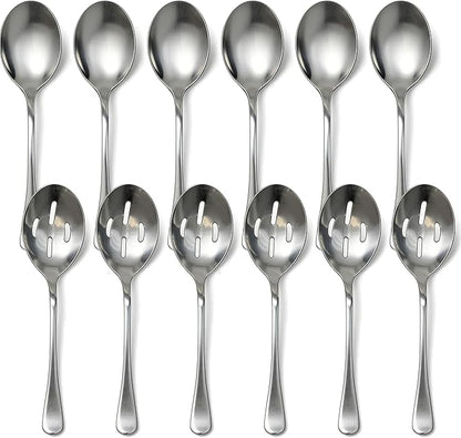 12 Pcs Stainless Steel Serving Spoon Set Including 6 Large Slotted Spoons 6 Serving Spoons Silver Utensils Cutlery Set for Kitchen Buffet Hot Pot Party, 9.9 Inch