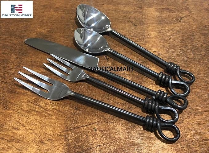 Nautical-Mart Twist and Shout Flatware Set Medieval Times Handcrafted Black Steel Handles with Polished Stainless Steel Heads