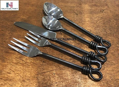 Nautical-Mart Twist and Shout Flatware Set Medieval Times Handcrafted Black Steel Handles with Polished Stainless Steel Heads