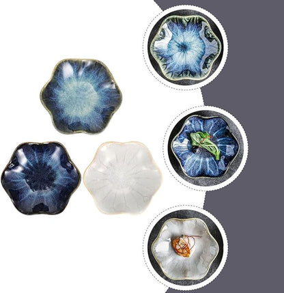 Veemoon Ceramic Seasoning Dishes Set 3pcs Lotus Leaf Shape Gradient Blue White Porcelain Sauce Plates Appetizer Serving Plates for Dining and Entertaining Random Color