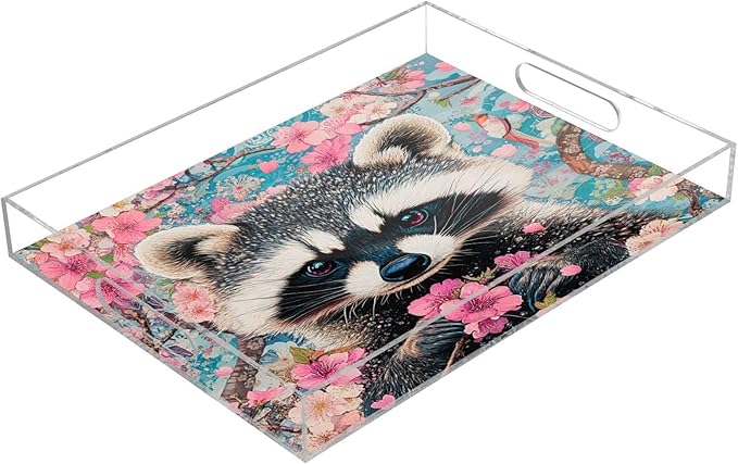 Serving Tray with Handles Clear Acrylic Tray 12x16 Inch Decorative Rectangular Tray Organizer for Ottoman Coffee Table Bathroom Raccoon Sakura Patterned Pink