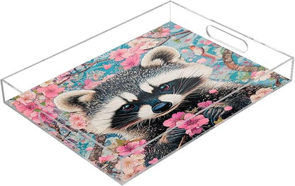 Serving Tray with Handles Clear Acrylic Tray 12x16 Inch Decorative Rectangular Tray Organizer for Ottoman Coffee Table Bathroom Raccoon Sakura Patterned Pink