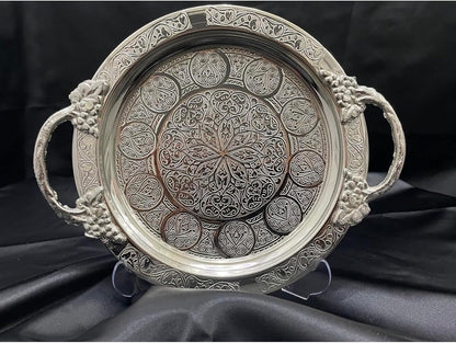 Serving Tray Copper Handmade Gaziantep Style 7.9-Inch Silver Color Authentic Handled Souffle Dish for Home Decor - Silver, One Size