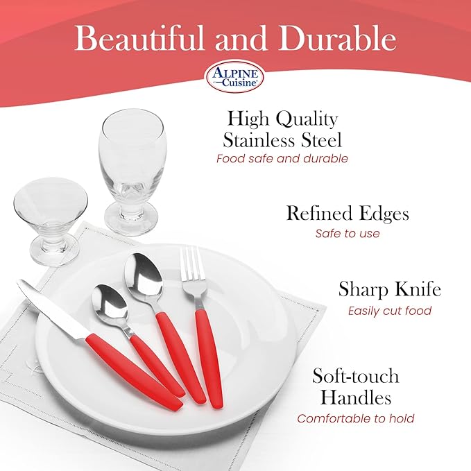 ALPINE CUISINE Flatware Set 16 Piece Service for 4, Stainless Steel Flatware Cutlery Set Includes Dinner Knives/Forks/Spoons - Great for Camping or College Dorms - Dishwasher Safe - Red