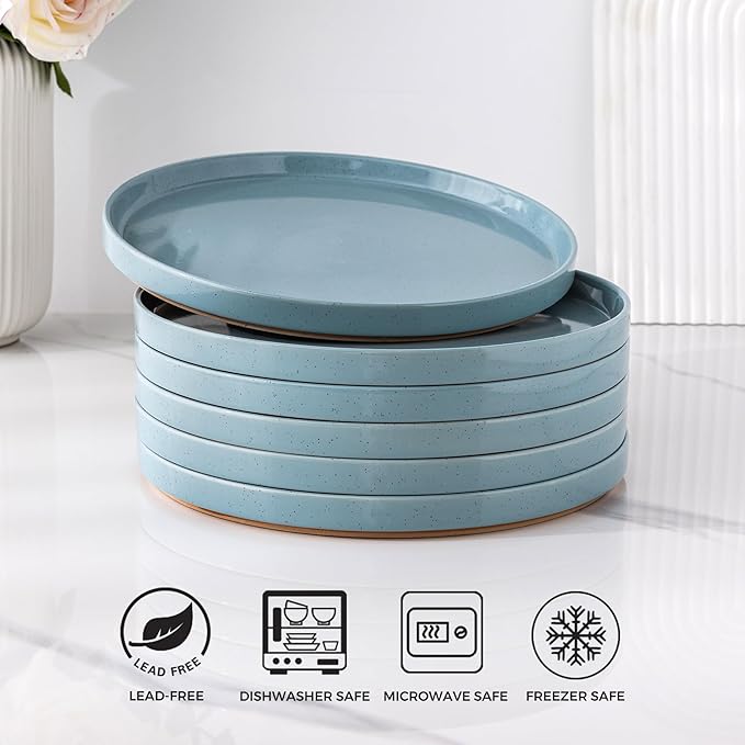 AmorArc Ceramic Dinner Plates Set of 6, 10.25 Inch Stoneware Plates for Kitchen,Modern Flat Dinnerware Dishes Set,Microwave& Dishwasher Safe, Scratch Resistant-Blue