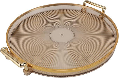 Dioche Elegant Round Serving Tray with Gold Handle and Golden - Multifunctional Display Tray for Fruits, Desserts, Snacks, and Decor (Amber)