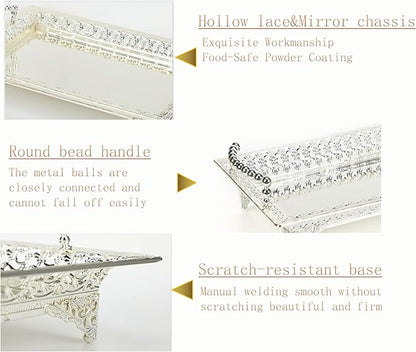 Rectangle Metal Fruit Tray, Vintage Serving Tray with Handle,Party Decorative Food Dessert Storage Plate for Kitchen Countertop Party Wedding,Sliver