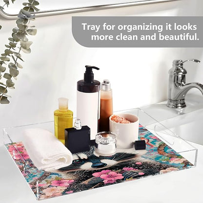 Serving Tray with Handles Clear Acrylic Tray 12x16 Inch Decorative Rectangular Tray Organizer for Ottoman Coffee Table Bathroom Raccoon Sakura Patterned Pink