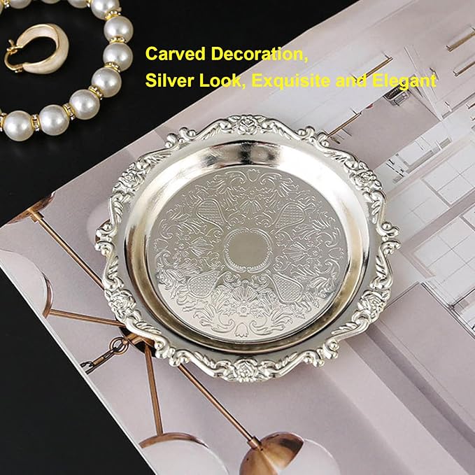 GLOGLOW 6PCS Vintage Metal Appetizer Plates Snack Trays Candy Dishes Elegant Leaf Carved Design Zinc Alloy Small Serving Trays for Fruits Nuts Desserts with Silver Sophisticated Look