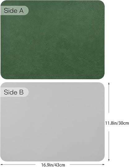 Faux Leather Placemats Set of 6, Vinyl Placemats Wipeable Waterproof Oil-Proof Table Mats, Heat Resistant Place Mats for Kitchen Indoor Outdoor, 16.9 x 11.8 Inch (Green/Grey)