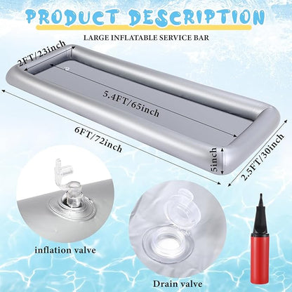 Large Inflatable Serving Bar 72 x 30 x 5'' Inflatable Ice Serving Buffet Bar Inflatable Cooler Ice Buffet Salad Serving Trays with Drain Plug for Pool Outdoor Party Picnic (Silver,2 Pack)
