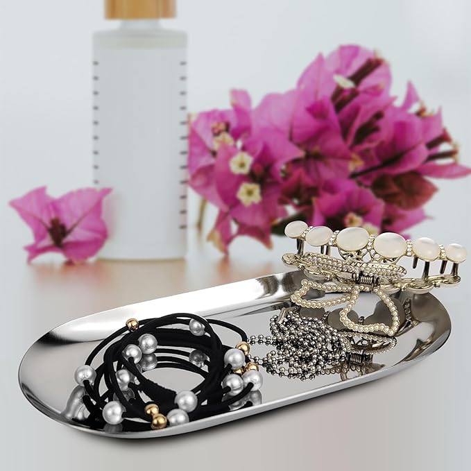 Elegant Stainless Steel Oval Decorative Tray: A Versatile 7 Inch Decorative Dish for Jewelry, Cosmetics, Fruit Tea，Towel and Bathroom Clutter Serving Delights (1, Mixcolor)