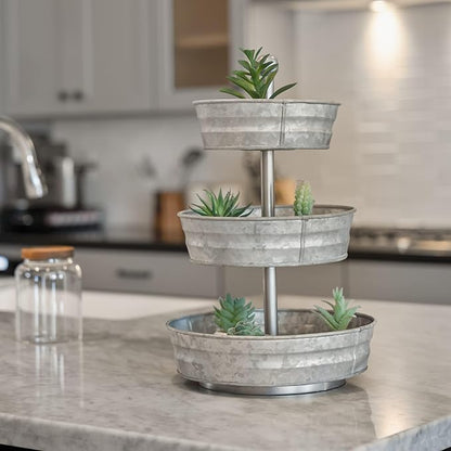 WallCharmers 3 Tier Galvanized Round Metal Tray, Three Tiered Serving Tray for Farmhouse or Cottage Theme Decor, 18 Inches, Size,