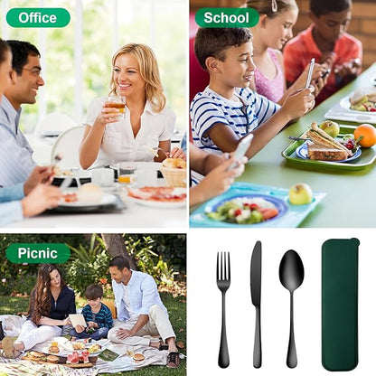 Portable Cutlery Set With Case - 18/8 Stainless Steel Spoon and Fork for Lunch Box, 3 PCs Silverware Ideal for Travel, Camping, Office