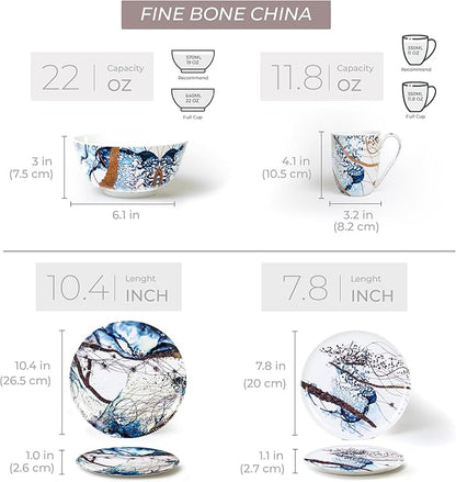 KOKEN - Ocean Blue 16 Piece Dinnerware Set (Service for 4) fine bone china - Dish Plates and Bowls Sets, Service for 4, Dinner Salad Dessert Plates, and Cereal Bowls Set, Blue - Microwave safe