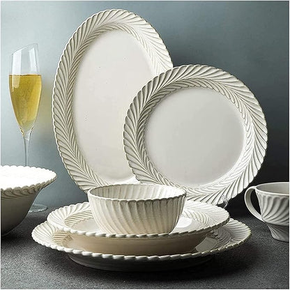Dinnerware Set Dinner Party Tableware Service Set Ceramics Dinner Sets, 25 Pieces White Glaze Porcelain Dinnerware Set for Wedding Gifts | Retro Relief Cereal Bowl and Steak Plate Set