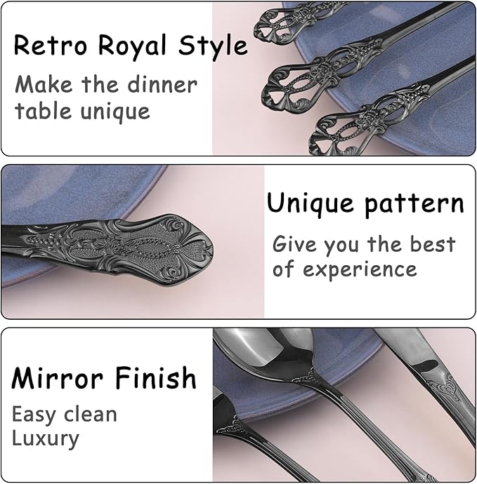 Retro Royal Black Silverware Set With Gift Box, 60-Pieces Cutlery Set Utensils Stainless Steel Flatware For 12 MIKIWAY Kitchen Tableware Set For Gifts Festive, Dishwasher Safe, Mirror Polishing