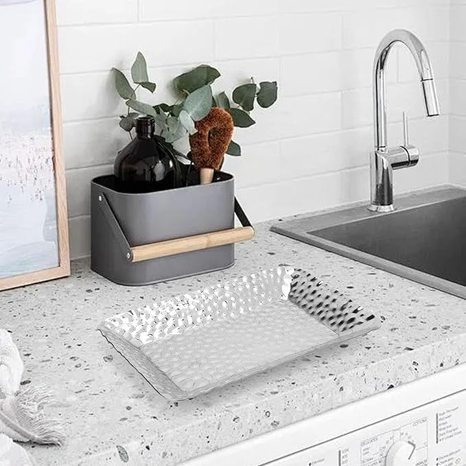 2 Pack Serving Tray, Stainless Steel Rectangular Storage Organizer Decorative Tray, Kitchen Bathroom Vanity Counter Platter, Silver