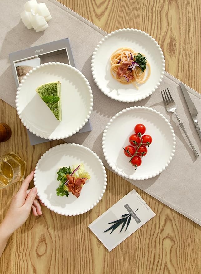 OMAYKEY 7.5 Inch Ceramic Dessert Plates Set of 10, White Appetizer Plates, Porcelain Round Shaped Salad Plate, for Cake Waffles Snacks Side Dish, Small Dinner Plates, Oven Microwave Dishwasher Safe