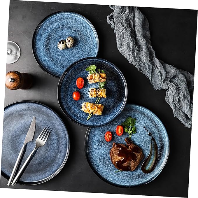 Blue Ceramic Plate Round Serving Dish for Steak and Western Cuisine Food-Grade Ceramic Tableware Unique Dinnerware for Restaurants and Home Use