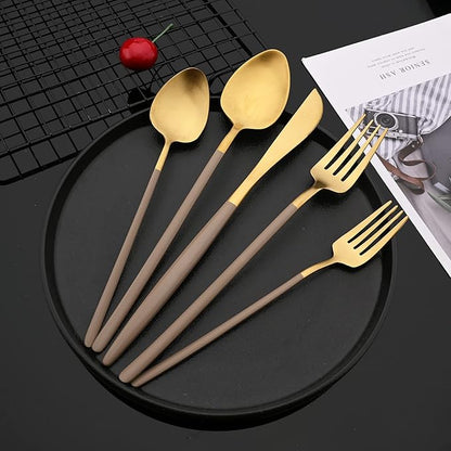 JASHII Slim Handle Silverware Set 20 Pieces, 304 Stainless Steel Colorful Flatware Set, Titanium Plating Cutlery Set, Utensil Sets for Home Dinner Service for 4, Dishwasher Safe - Brown&Gold