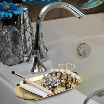 Elegant Stainless Steel Oval Decorative Tray: A Versatile 7 Inch Decorative Dish for Jewelry, Cosmetics, Fruit Tea，Towel and Bathroom Clutter Serving Delights (1, Mixcolor)