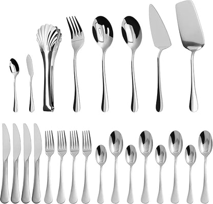 24-Piece Silverware Set Flatware Cutlery Set Service for 4, Durable Stainless Steel Tableware in Ergonomic Design Size and Weight, Kitchen Utensil Sets with Steak Knives, Rust-proof, Dishwasher Safe