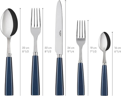 SABRE PARIS - 5-Piece Flatware Set - Icône Collection - Knife, Fork, Soup Spoon, Teaspoon & Dessert Fork - Stainless Steel & Acrylic - Dishwasher Safe - Midnight Blue
