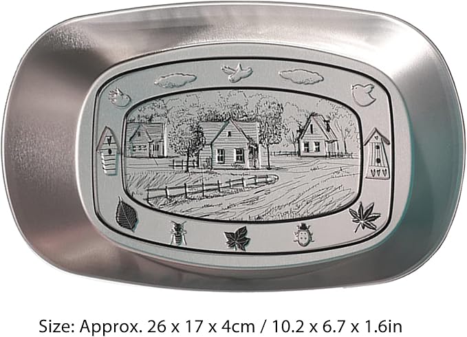 Portable Bread Tray, Oval Metal Picnic Plate Reusable Decorative Bread Serving Tray Multipurpose Tinplate Food Tray for Parties Gatherings (Pastoral Hut Style)