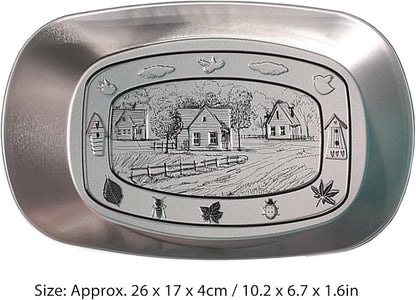 Portable Bread Tray, Oval Metal Picnic Plate Reusable Decorative Bread Serving Tray Multipurpose Tinplate Food Tray for Parties Gatherings (Pastoral Hut Style)