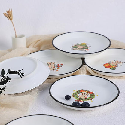 SOCOSY Cute Cartoon Christmas Rabbits Ceramic Sauce Dishes, Seasoning Dishes, Little Cat Dog Bird Feeding Bowls, Sushi Soy Dipping Bowls, Appetizer Plates, Dessert Plates-Rabbits-5 Inch, Set of 6