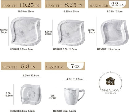 MALACASA Marble Grey Dinnerware Sets, 30-Piece Porcelain Dinnerware Set, Modern Plates and Bowls Set with Dinner Plate, Dessert Plate and Salad Pasta Bowl, Cup and Saucer, Service for 6, Series Elvira