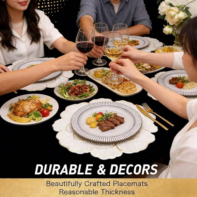 FAVE 6PCS Floral Round Placemats Golden Placemats Vinyl Placemats Set of 6 for Dining Table Reusable Metallic Shiny Gold Placemats for Wedding, Banquet, Birthday, Party, Restaurant （15 x15,Gold）