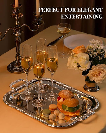 18.5"x14.5" Rectangular Silver Serving Tray with Handles, Beautiful Mirror Polished Finish, Lightweight Classic Metallic Decorative Silverplate Tray for Wedding Anniversary Birthday Holiday Gatherings
