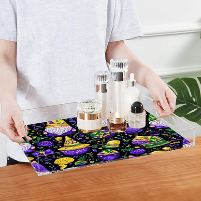 Serving Tray with Handles Clear Acrylic Tray 12x16 Inch Decorative Rectangular Tray Organizer for Ottoman Coffee Table Bathroom Purple Mardi Gras Gnome